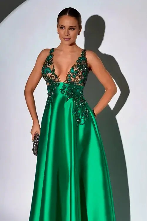 Vestido de fiesta Weitese glamoroso de satén verde oscuro, sin mangas, con tirantes finos y apliques de cuentas.
